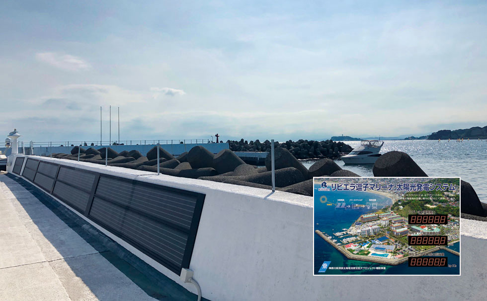 写真：マリーナ岸壁の薄膜太陽光パネル